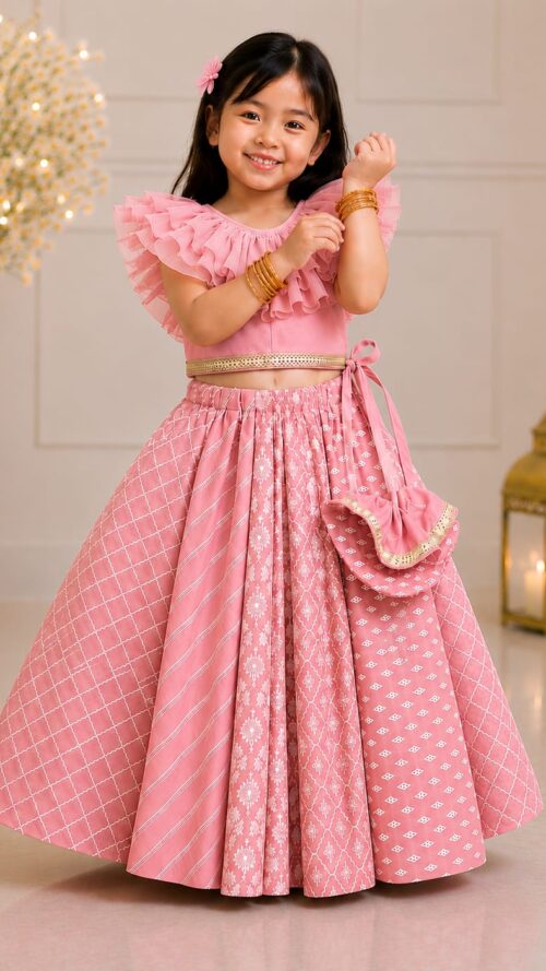 Girls Pink Ruffle Lehenga Set