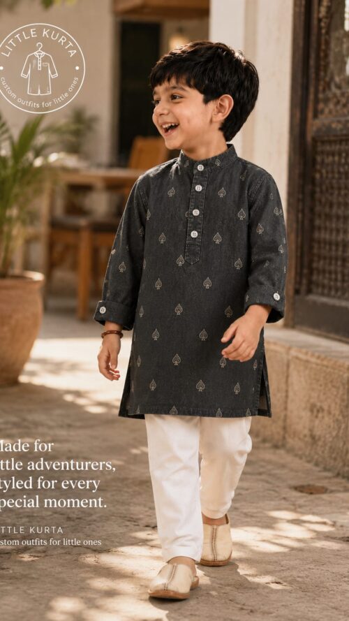 Boys Charcoal Printed Kurta