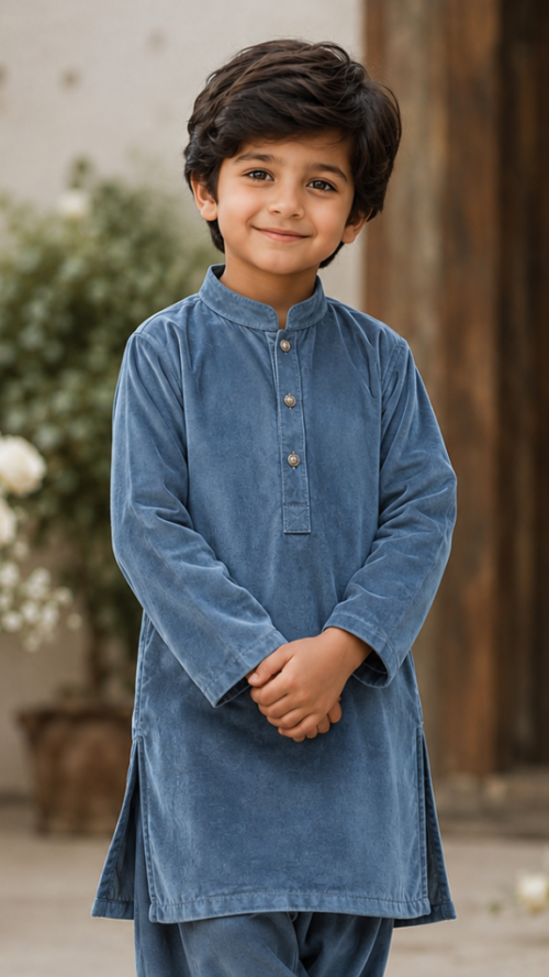 Boys Blue Velvet Shalwar Kameez
