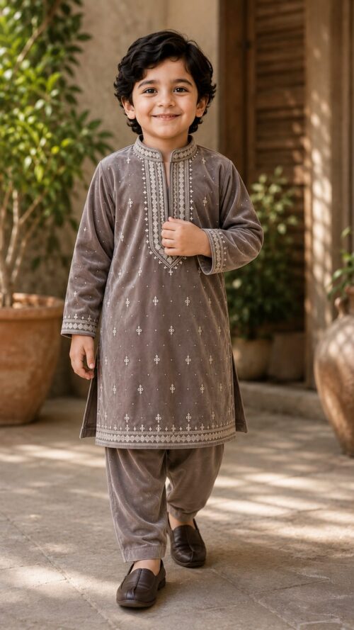 Boys Taupe Velvet Kurta Set