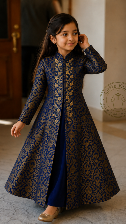 Girls Navy Brocade Jacket Set